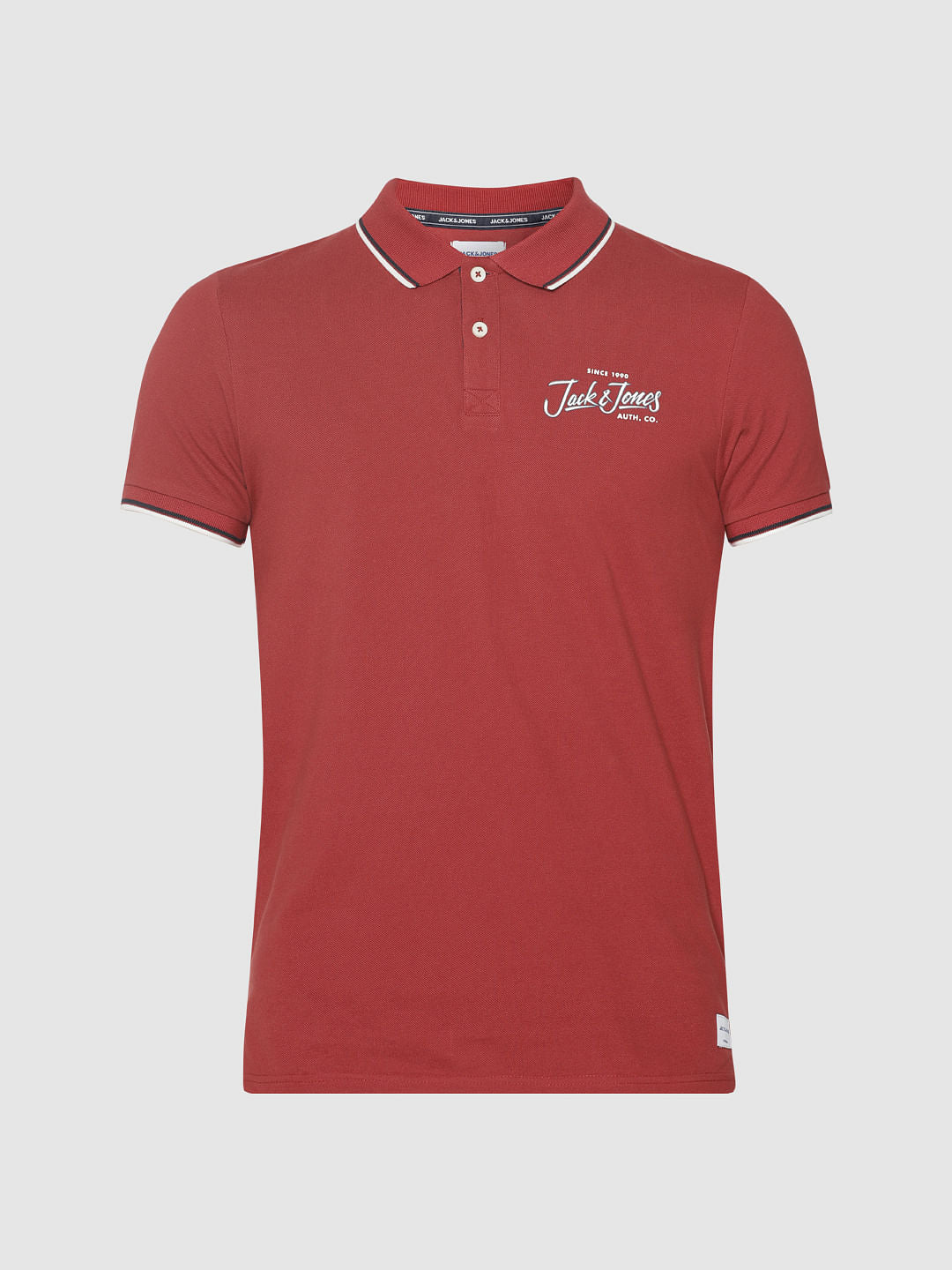 Red Contrast Tipping Polo Neck T-Shirt