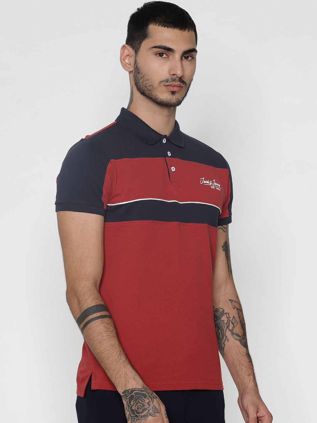 Red Colour Blocked Polo Neck T-Shirt