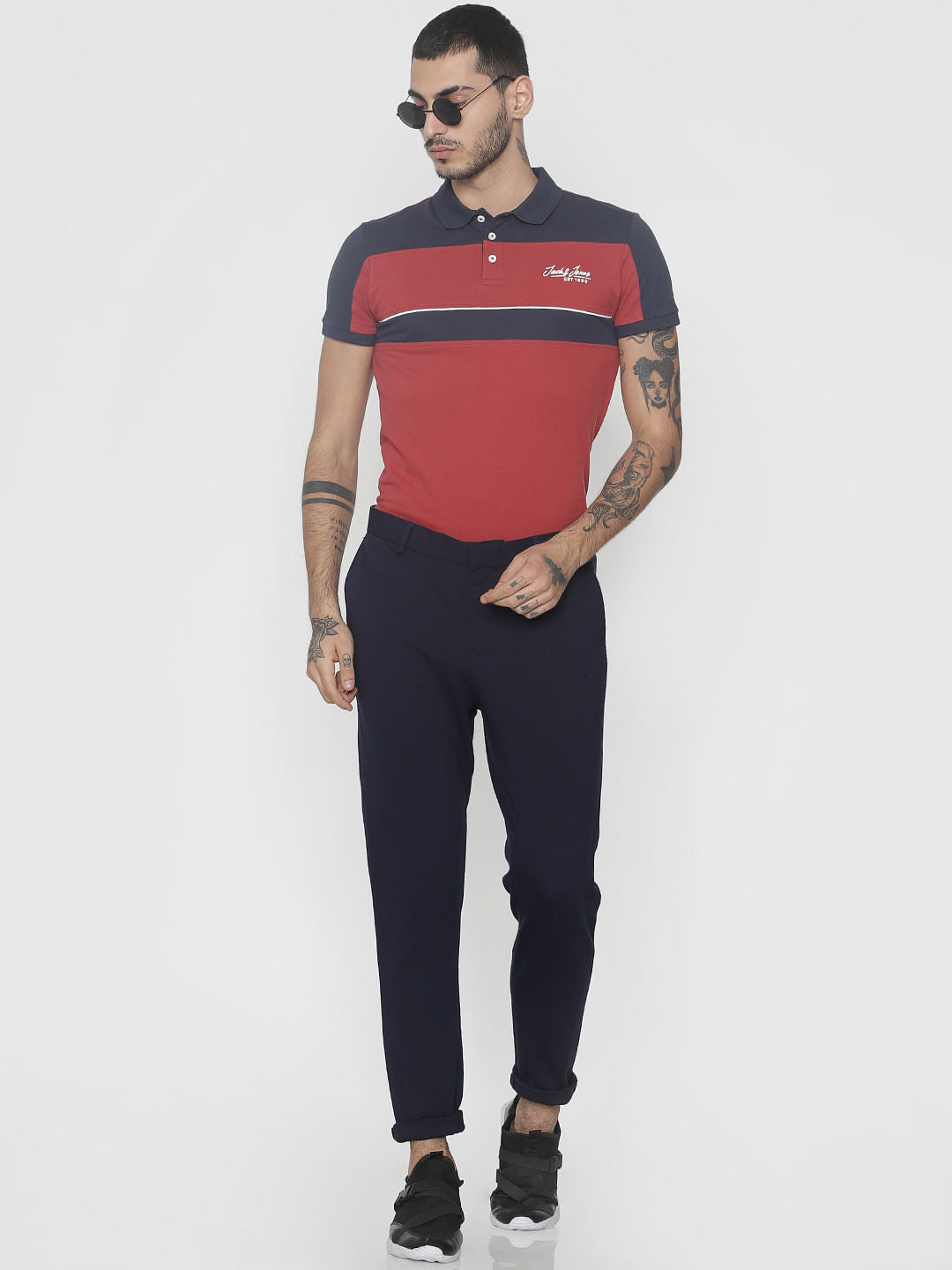Red Colour Blocked Polo Neck T-Shirt