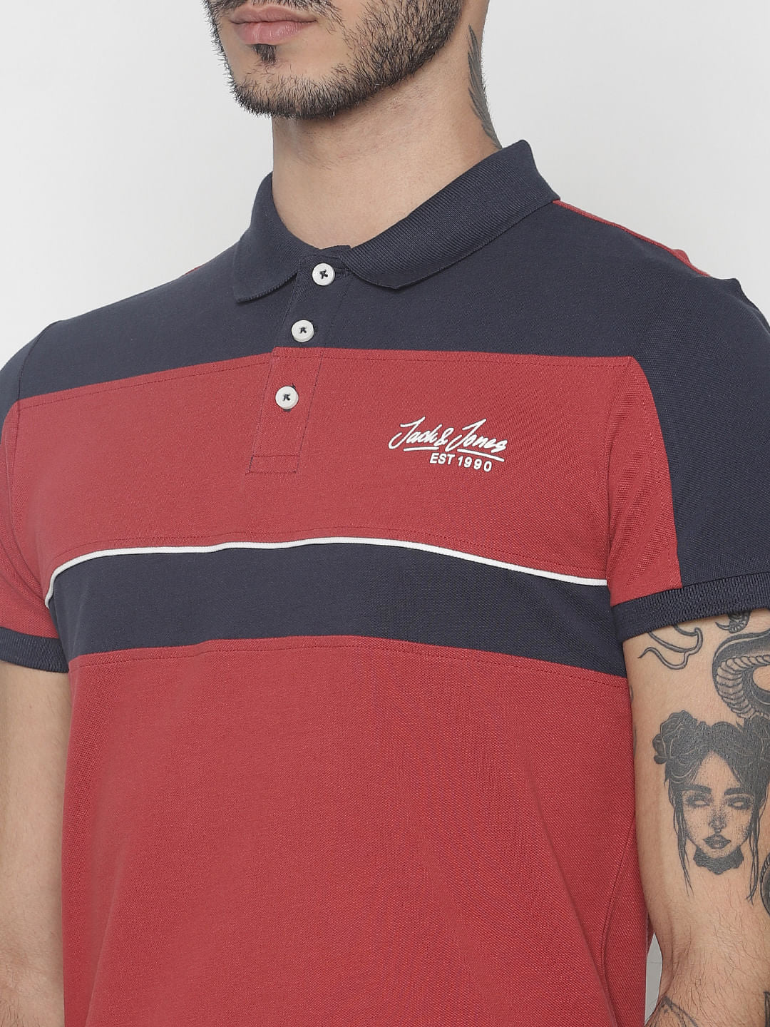 Red Colour Blocked Polo Neck T-Shirt