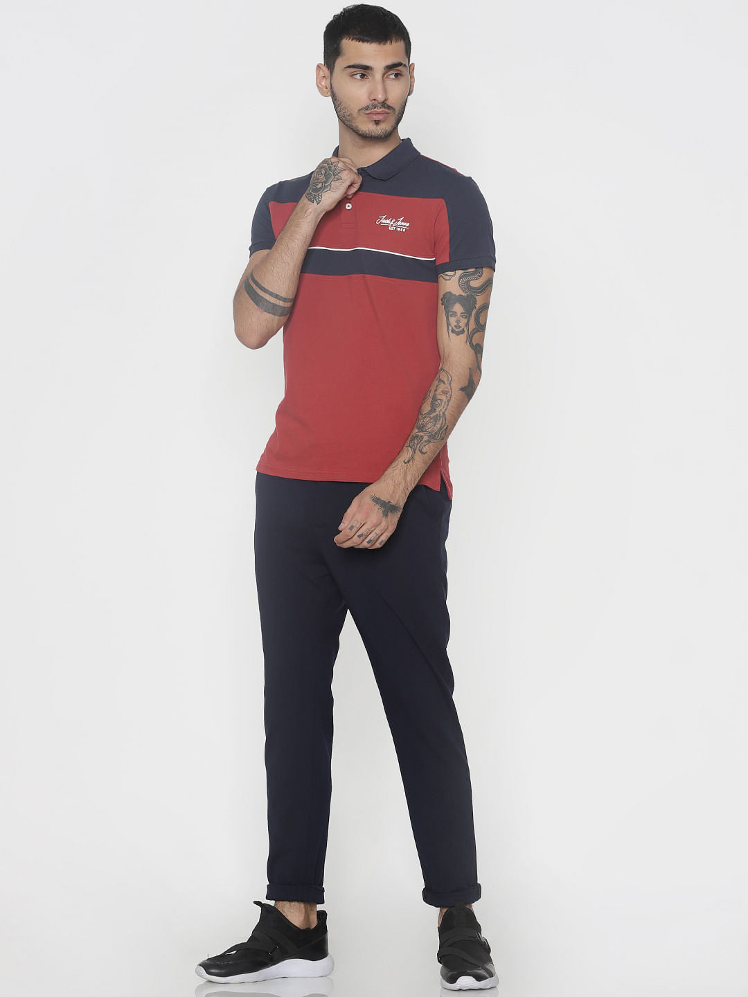 Red Colour Blocked Polo Neck T-Shirt