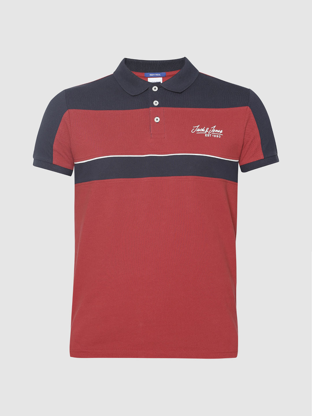 Red Colour Blocked Polo Neck T-Shirt
