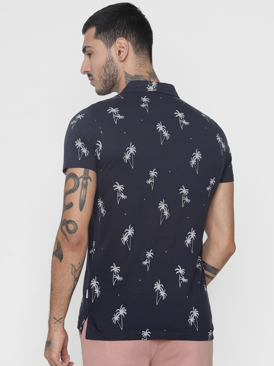 Navy Blue All Over Print Polo Neck T-Shirt