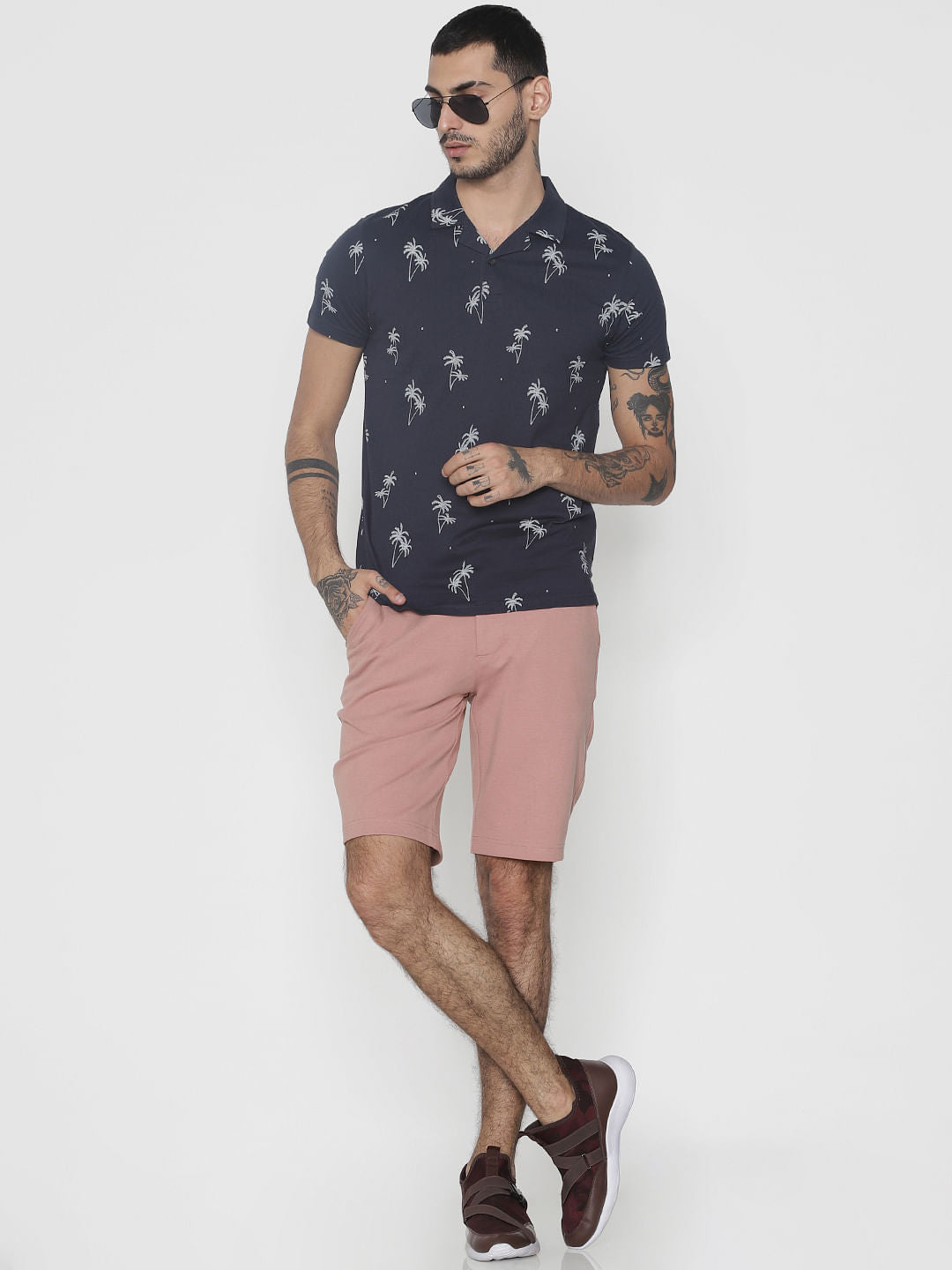 Navy Blue All Over Print Polo Neck T-Shirt