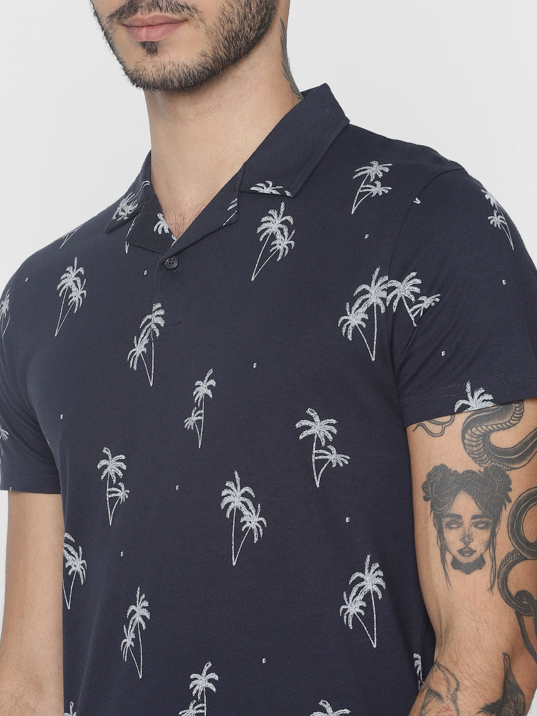 Navy Blue All Over Print Polo Neck T-Shirt