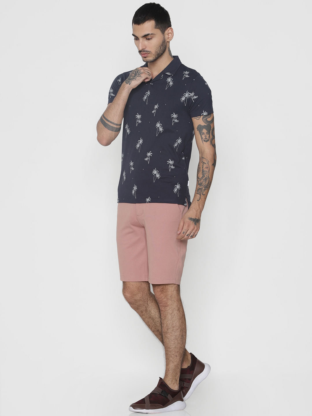 Navy Blue All Over Print Polo Neck T-Shirt