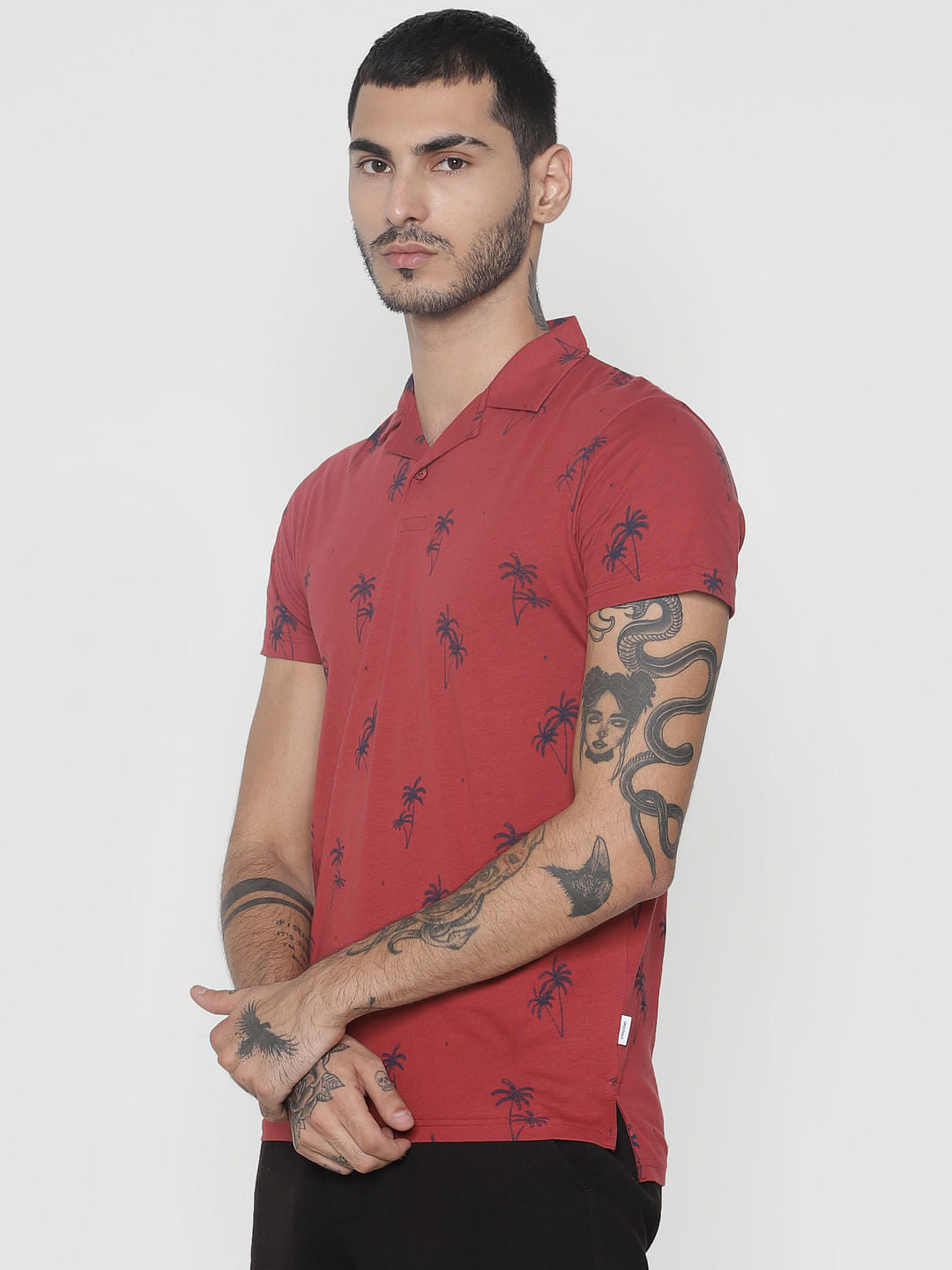 Red All Over Print Polo Neck T-Shirt