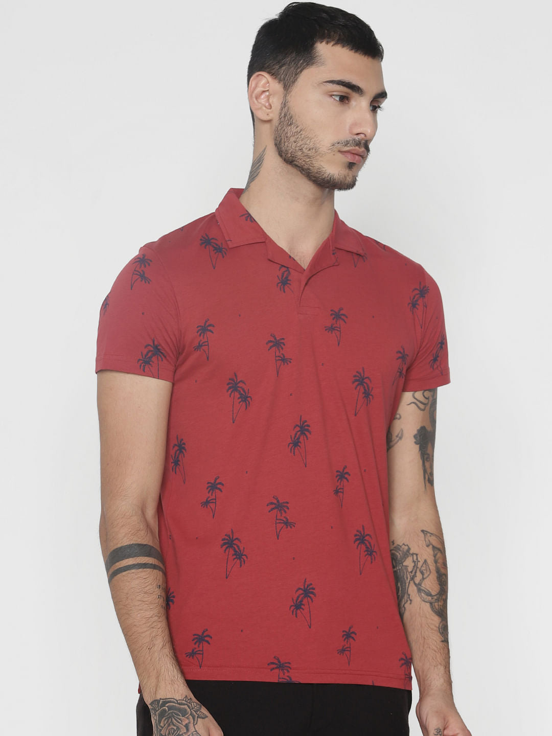 Red All Over Print Polo Neck T-Shirt