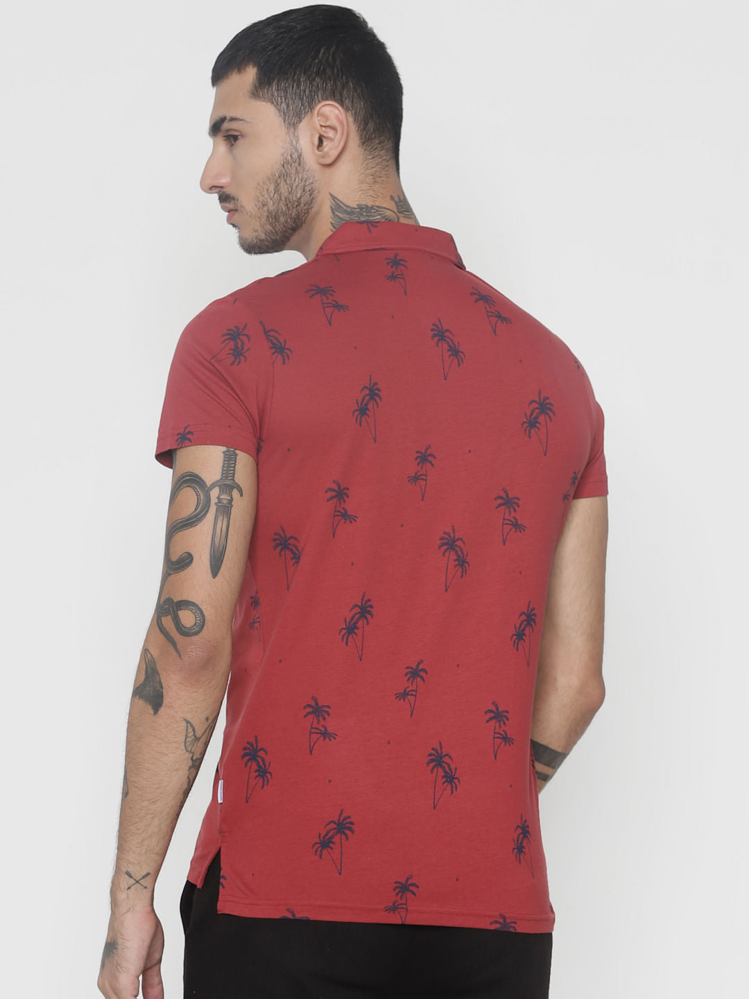 Red All Over Print Polo Neck T-Shirt