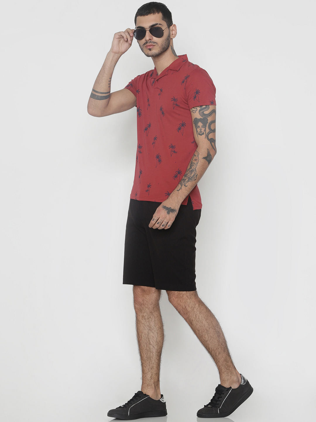 Red All Over Print Polo Neck T-Shirt