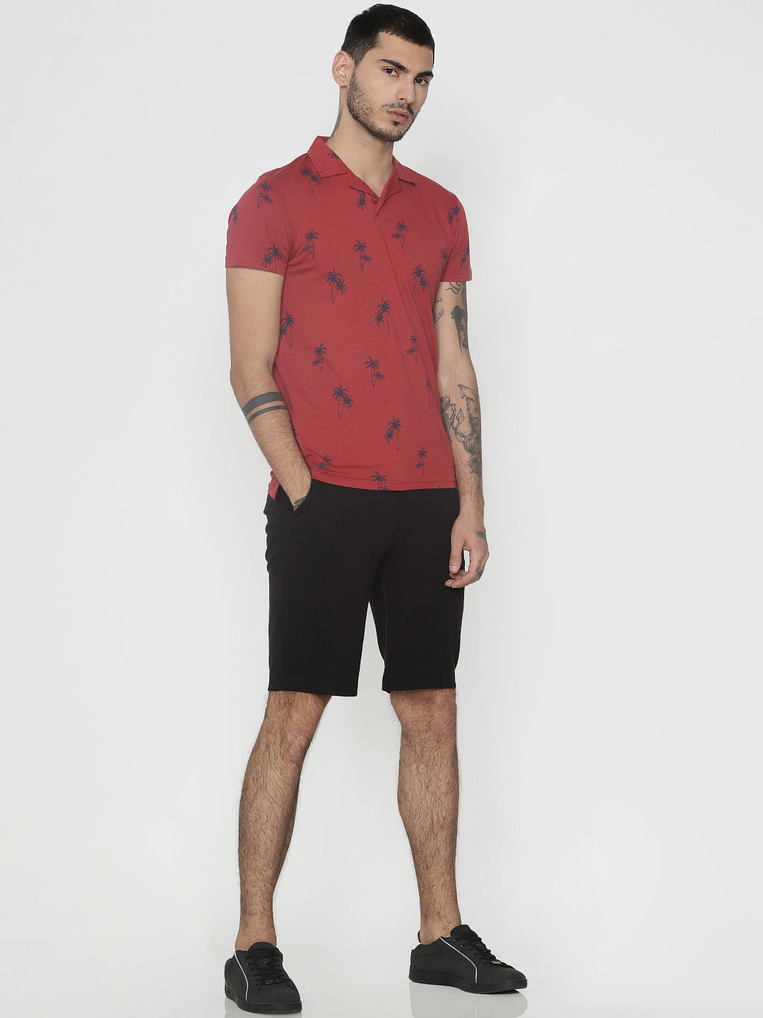Red All Over Print Polo Neck T-Shirt