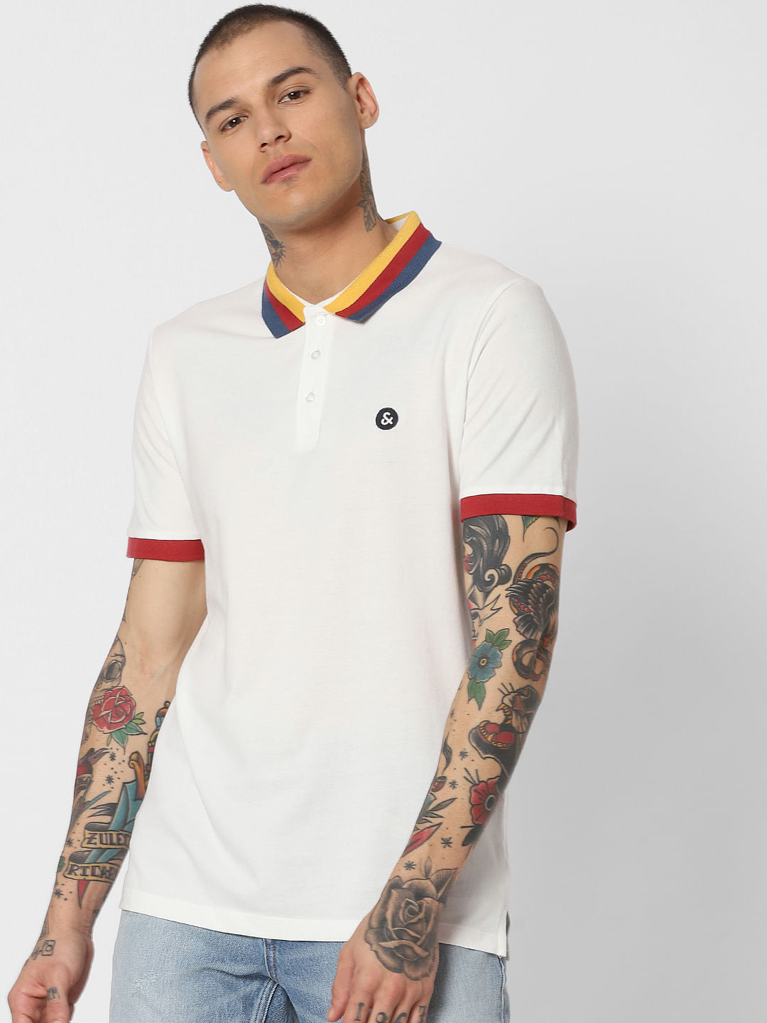 White Contrast Tipping Polo Neck T-Shirt