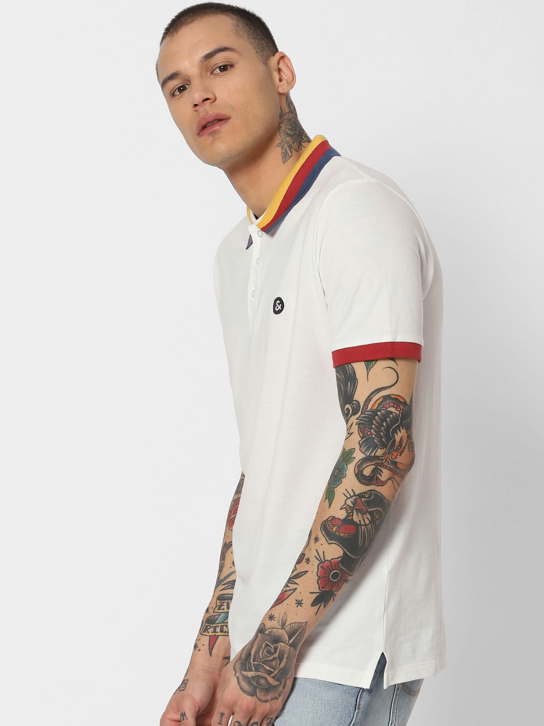 White Contrast Tipping Polo Neck T-Shirt