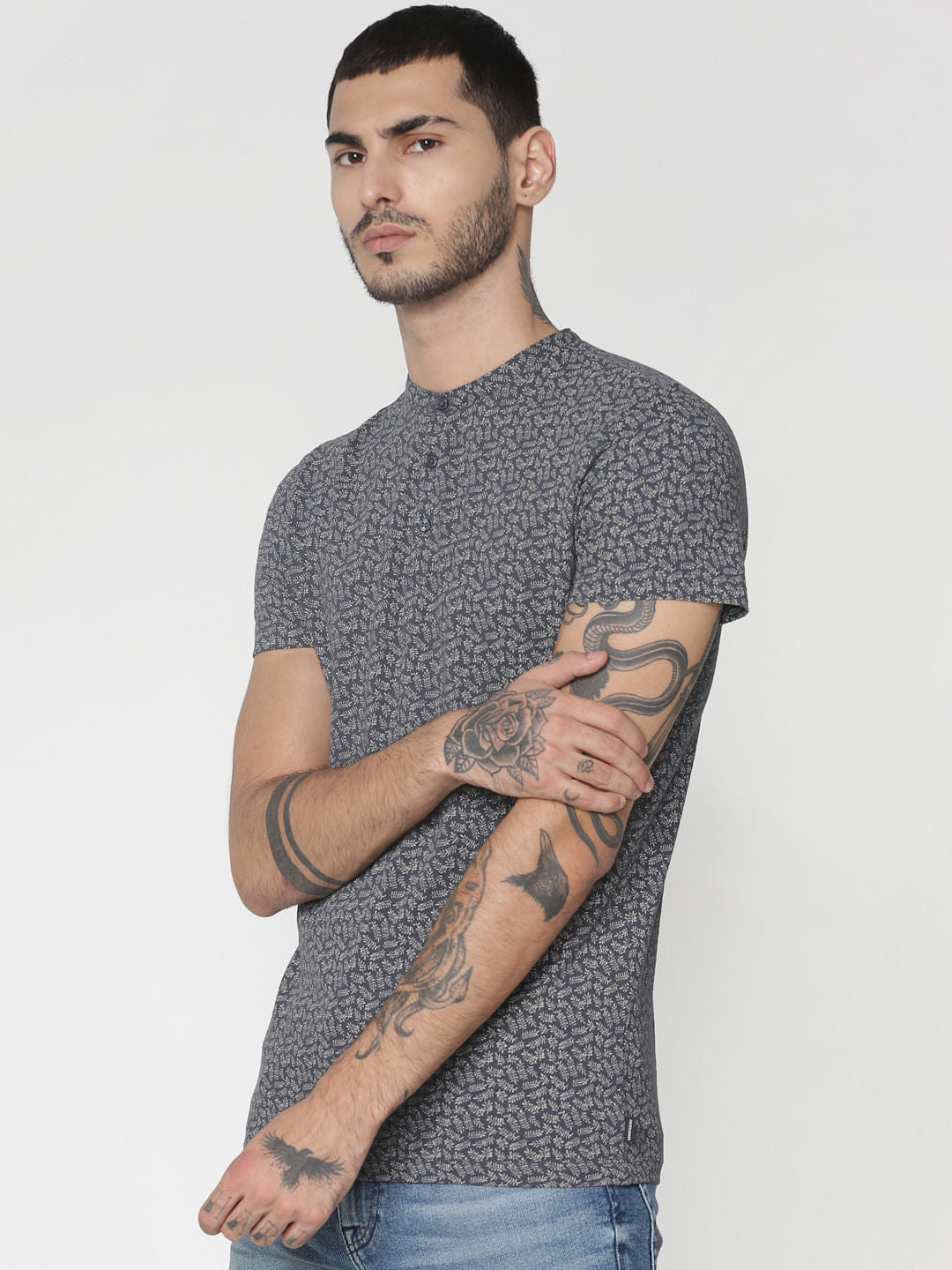 Grey All Over Print Henley T-Shirt