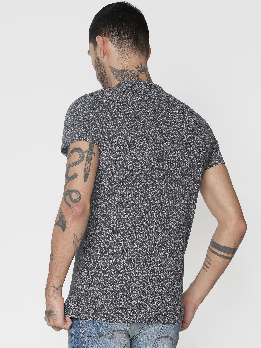 Grey All Over Print Henley T-Shirt