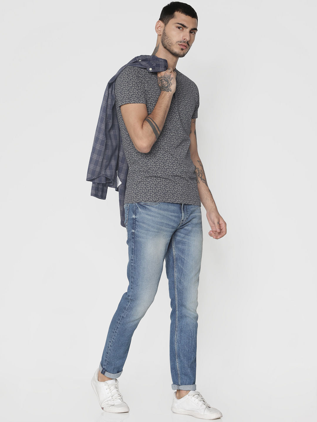 Grey All Over Print Henley T-Shirt