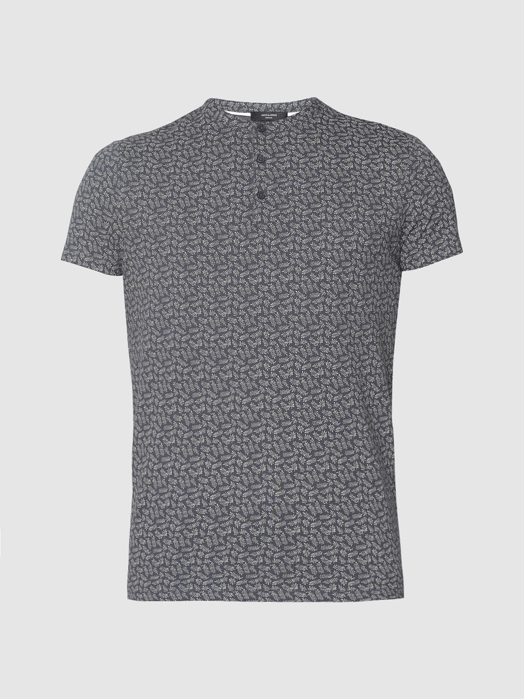 Grey All Over Print Henley T-Shirt