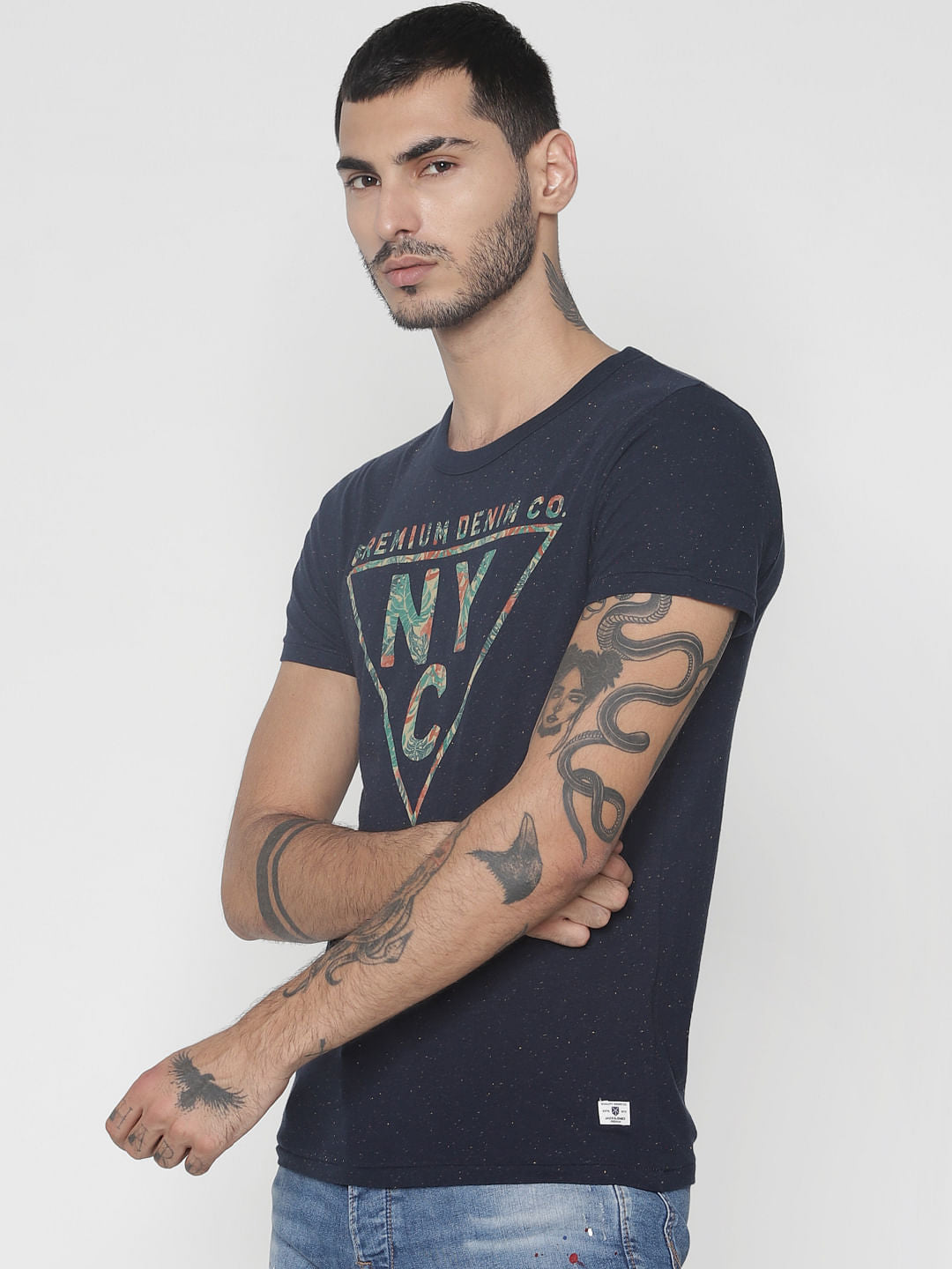 Navy Blue Graphic Print Crew Neck T-Shirt