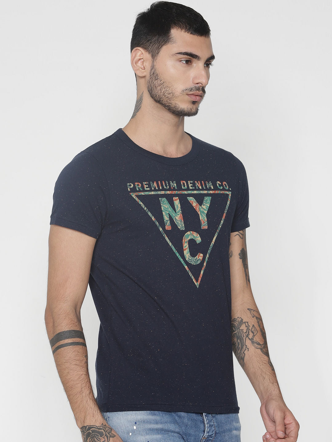 Navy Blue Graphic Print Crew Neck T-Shirt