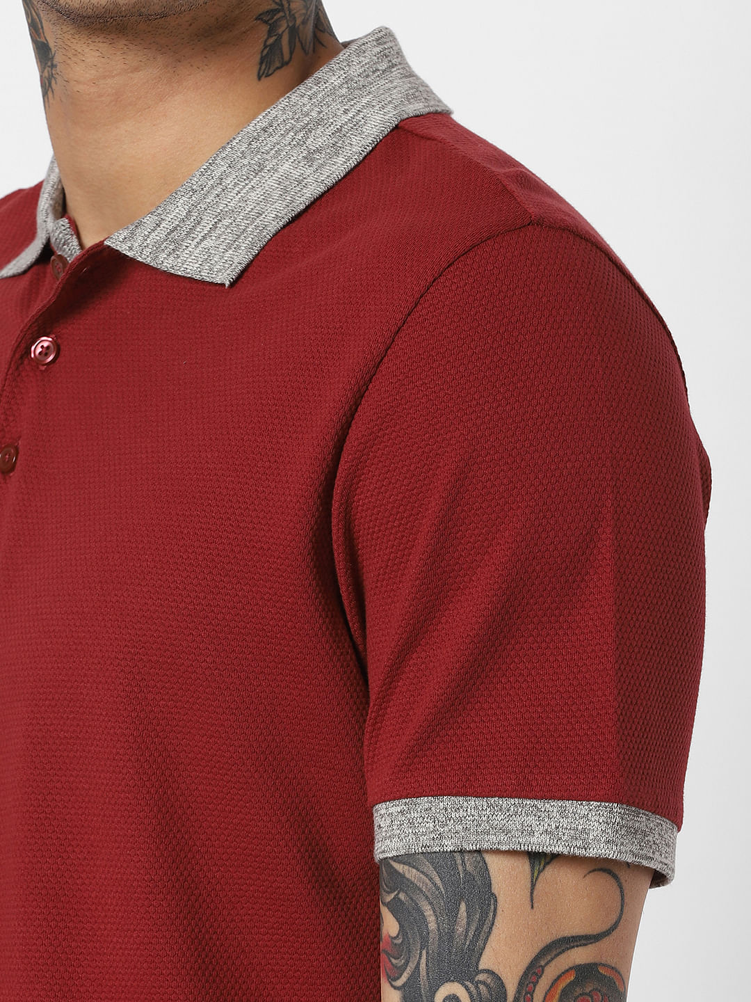 Red Contrast Tipping Polo Neck T-Shirt