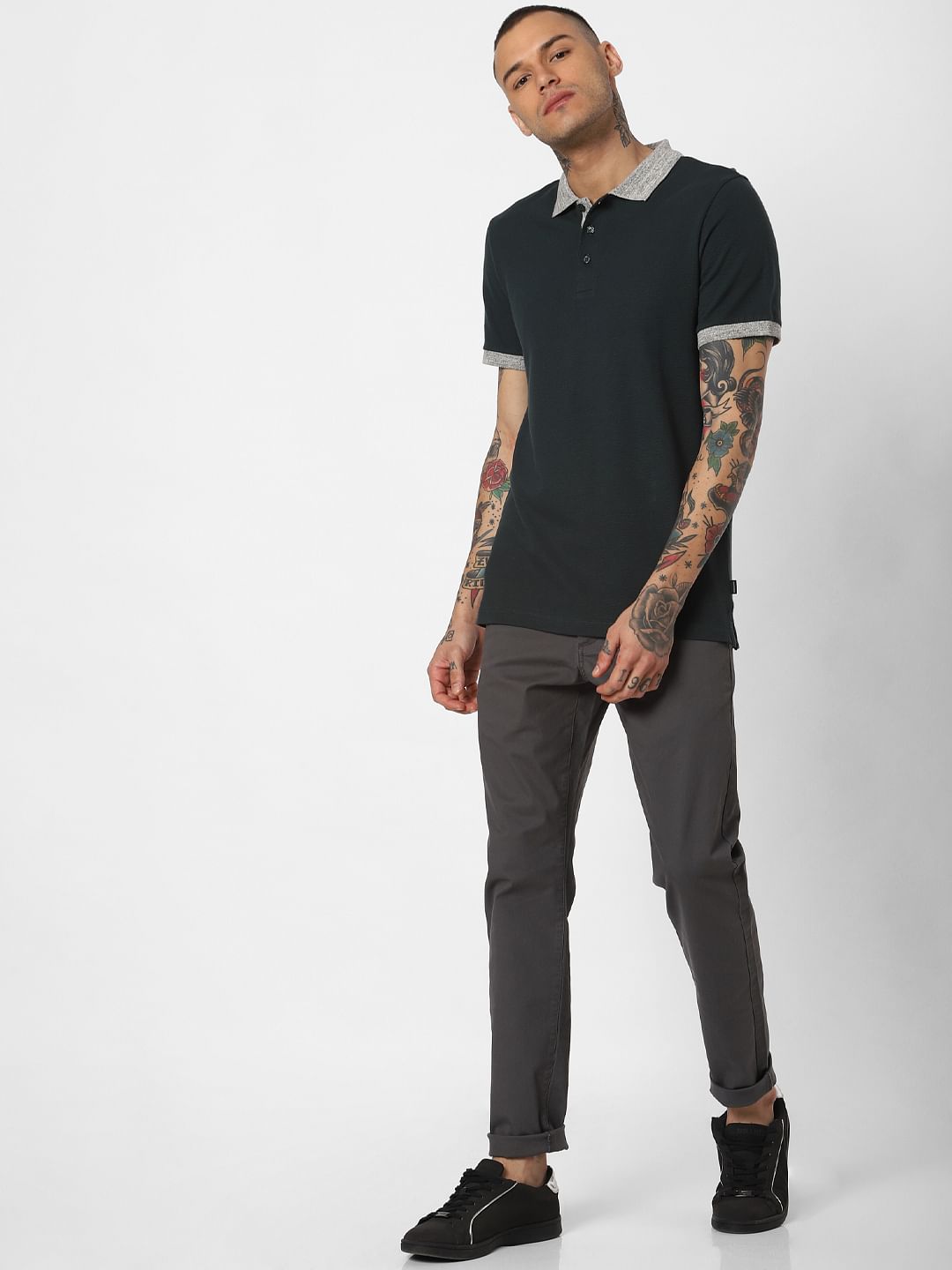 Dark Green Contrast Tipping Polo Neck T-Shirt