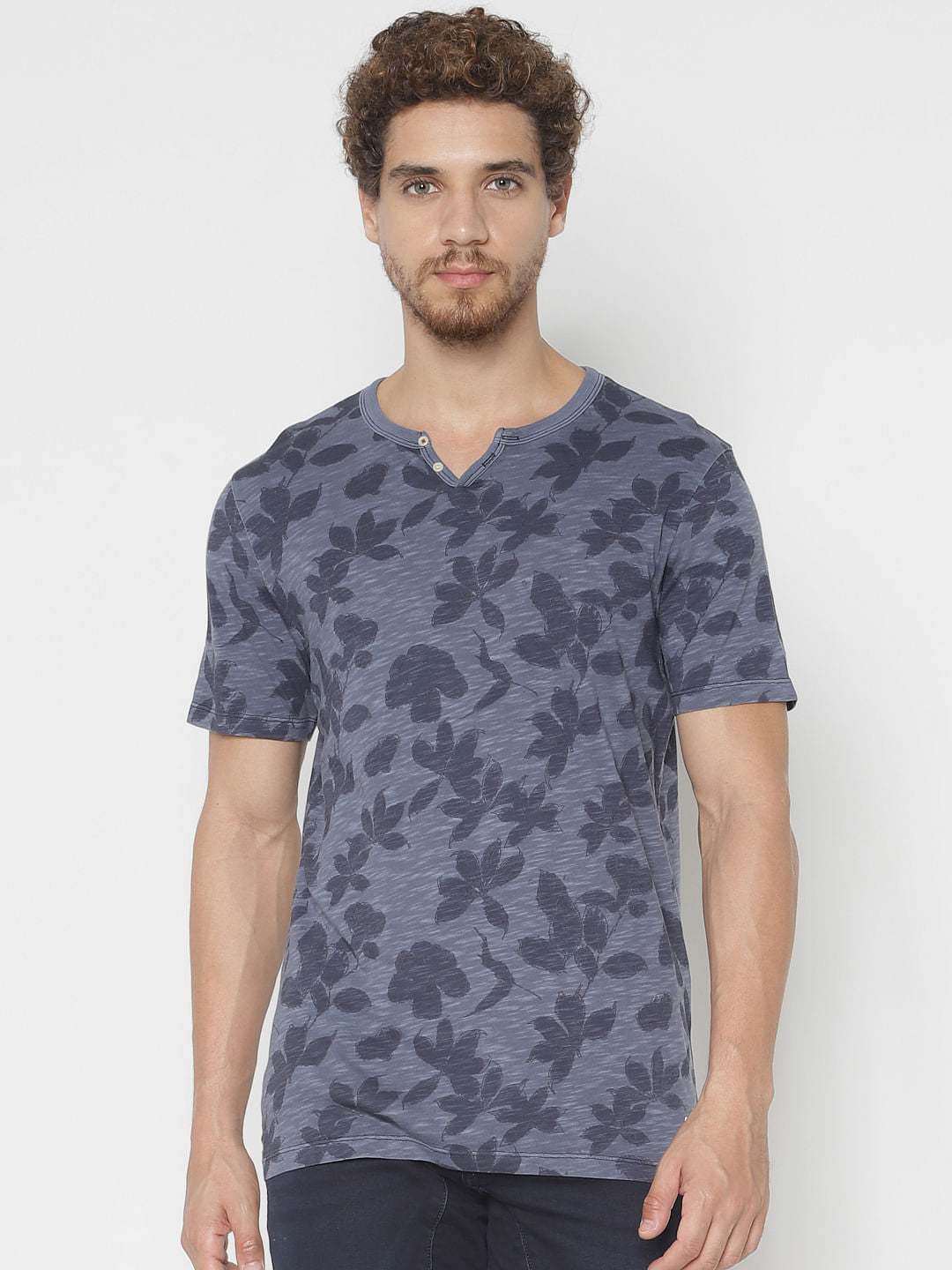 Blue All Over Print Split Neck T-Shirt
