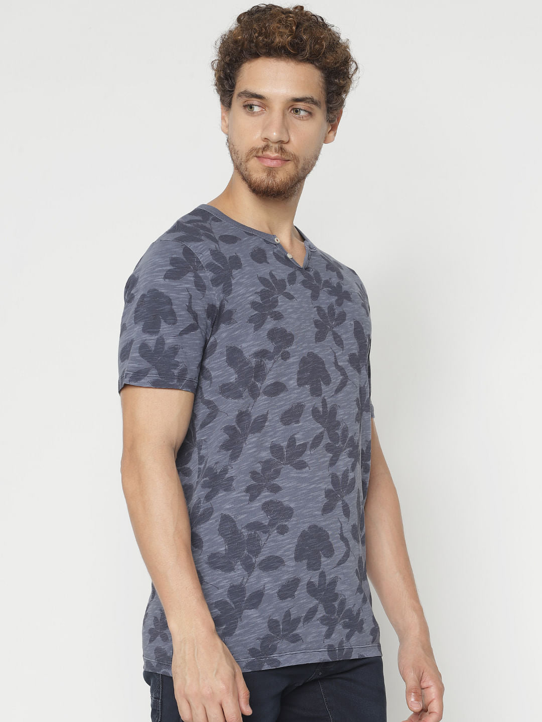 Blue All Over Print Split Neck T-Shirt