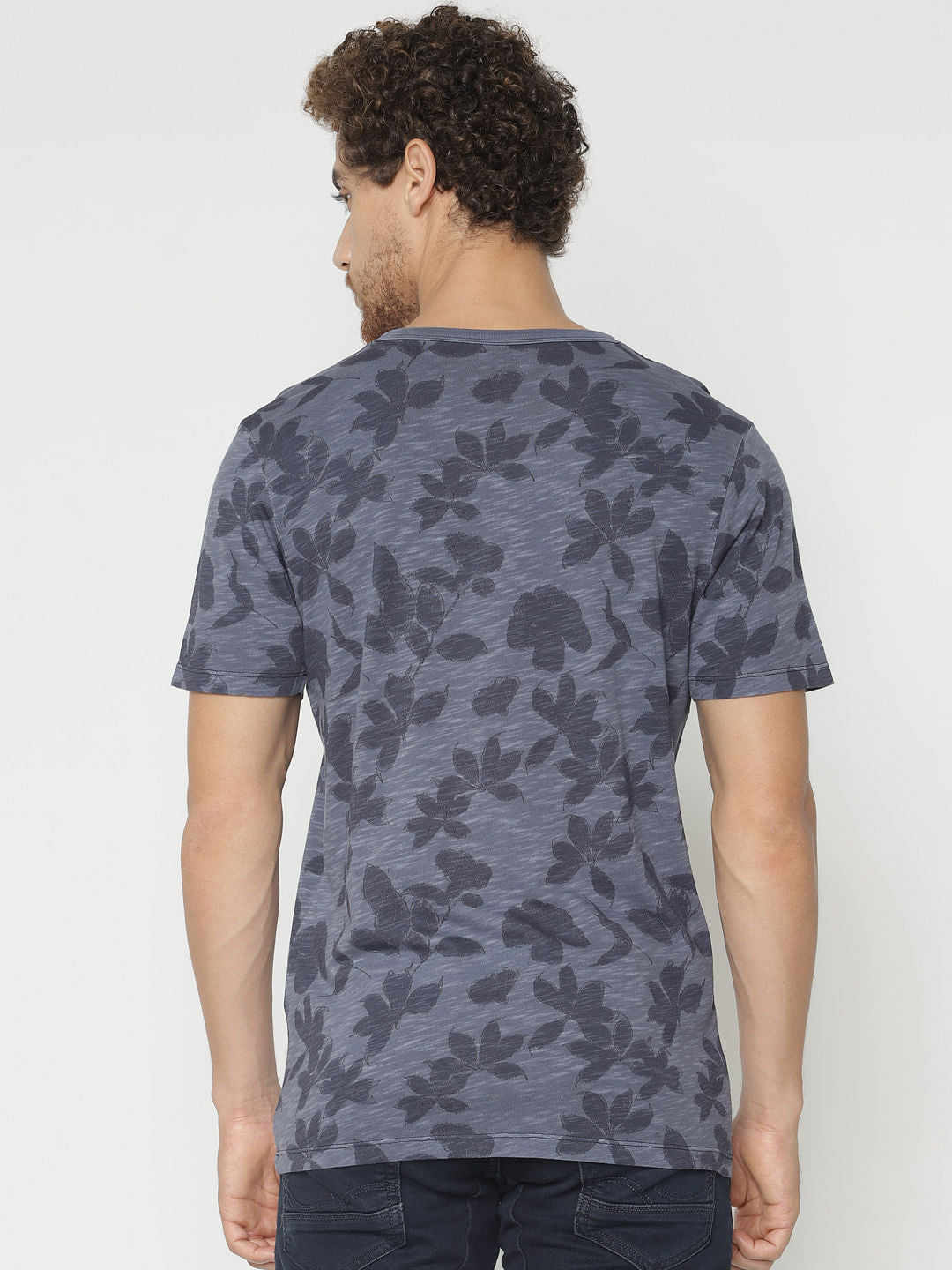 Blue All Over Print Split Neck T-Shirt