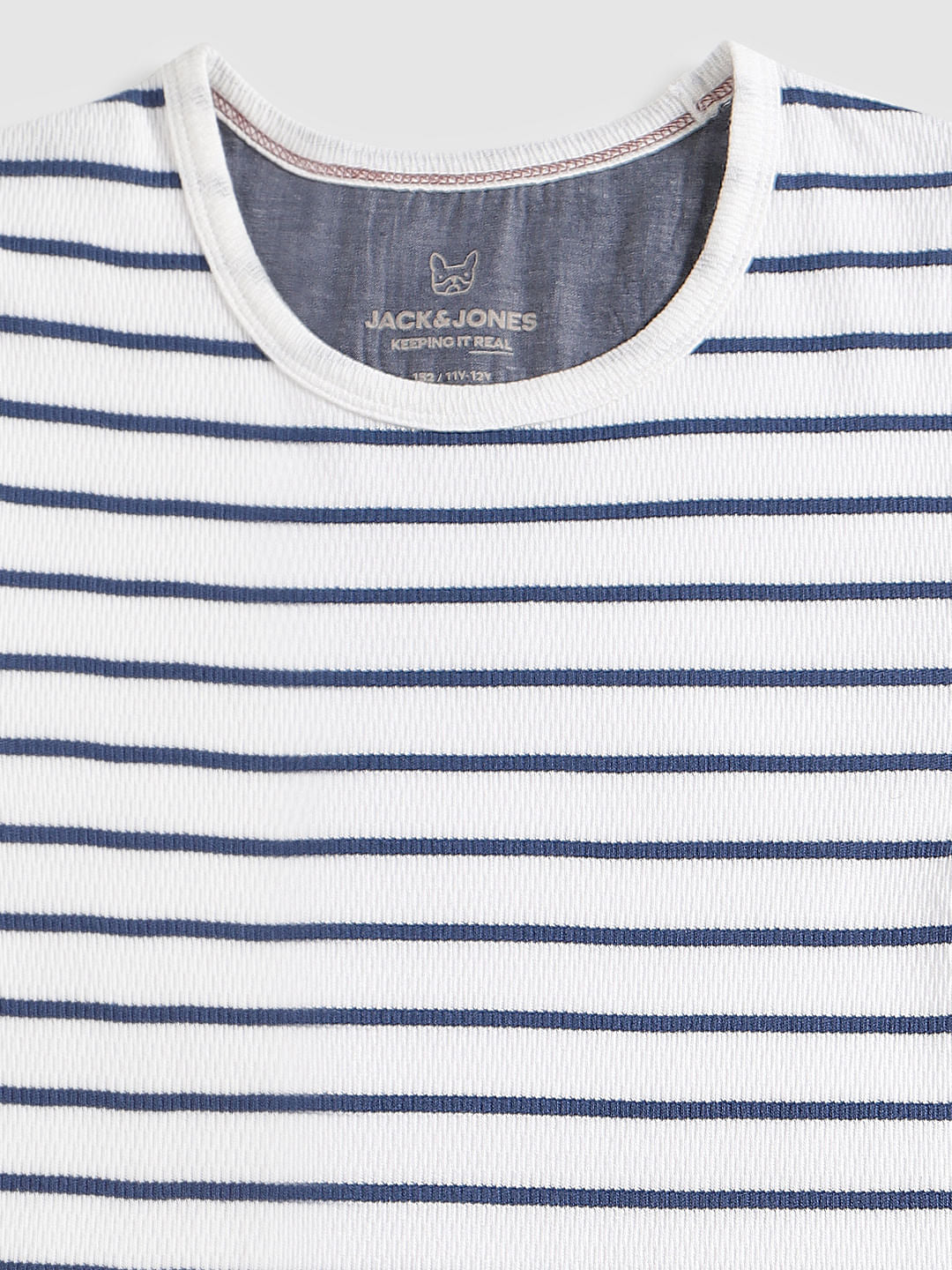 Boys White And Blue Striped Full Sleeves Crew Neck T-Shirt