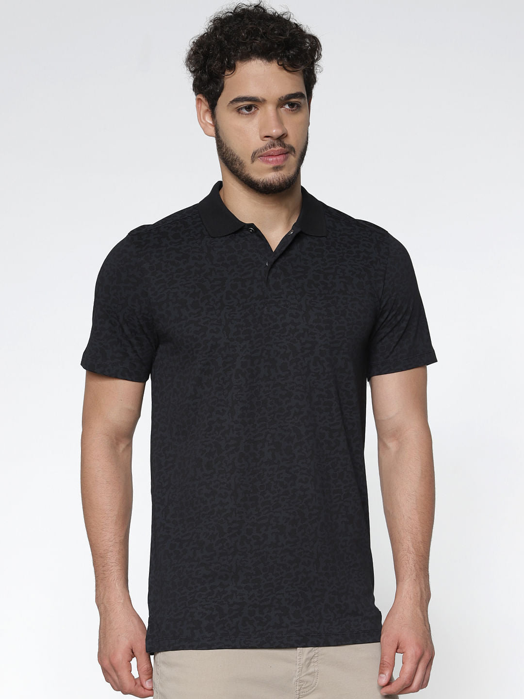 Black Printed Slim Fit Polo Neck T-Shirt