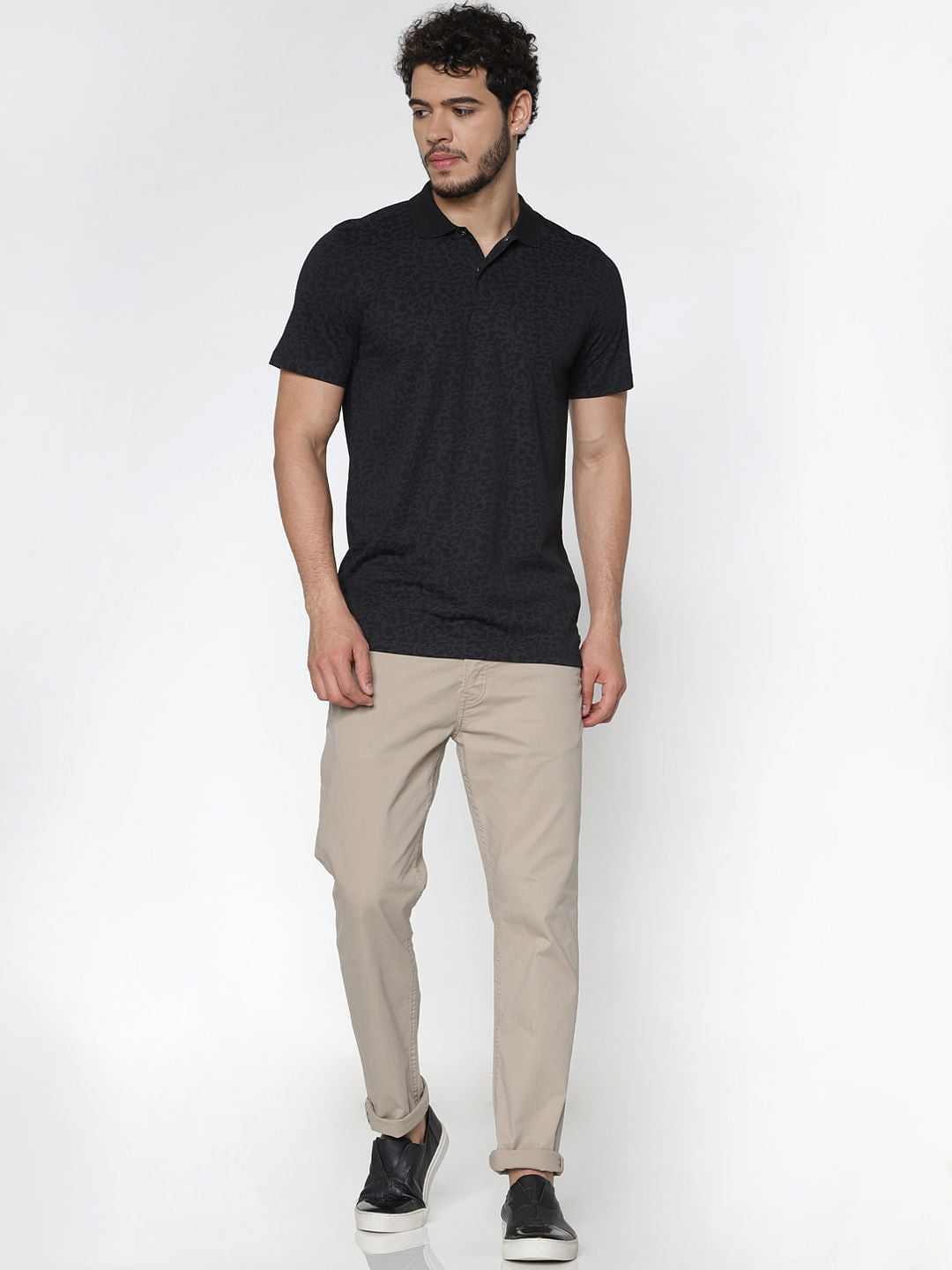 Black Printed Slim Fit Polo Neck T-Shirt