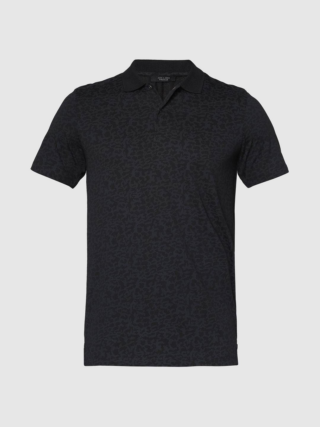 Black Printed Slim Fit Polo Neck T-Shirt