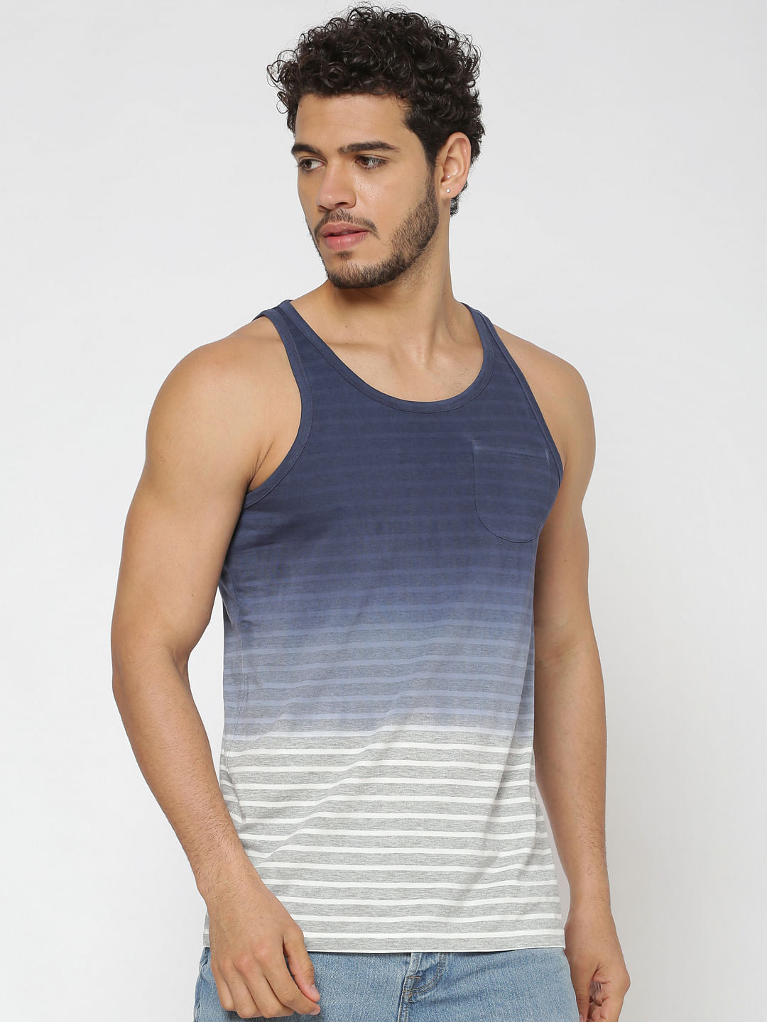 Blue Striped Slim Fit Tank Top