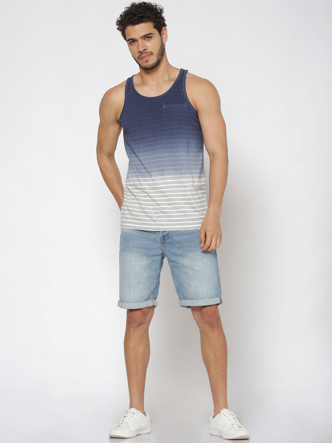 Blue Striped Slim Fit Tank Top