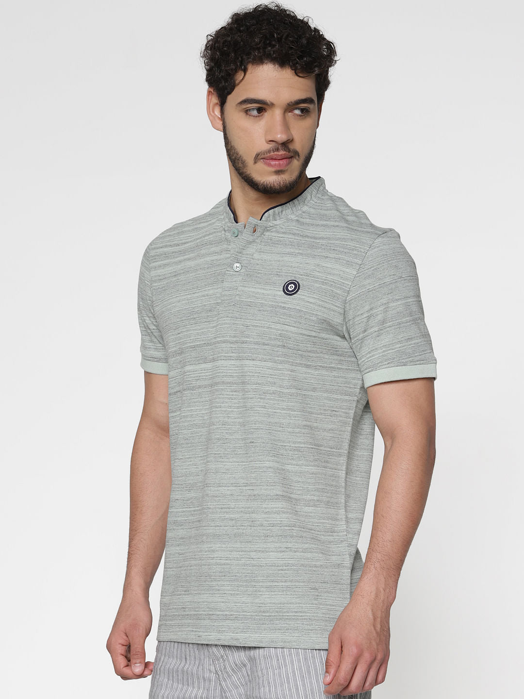 Grey Printed Polo Neck T-Shirt