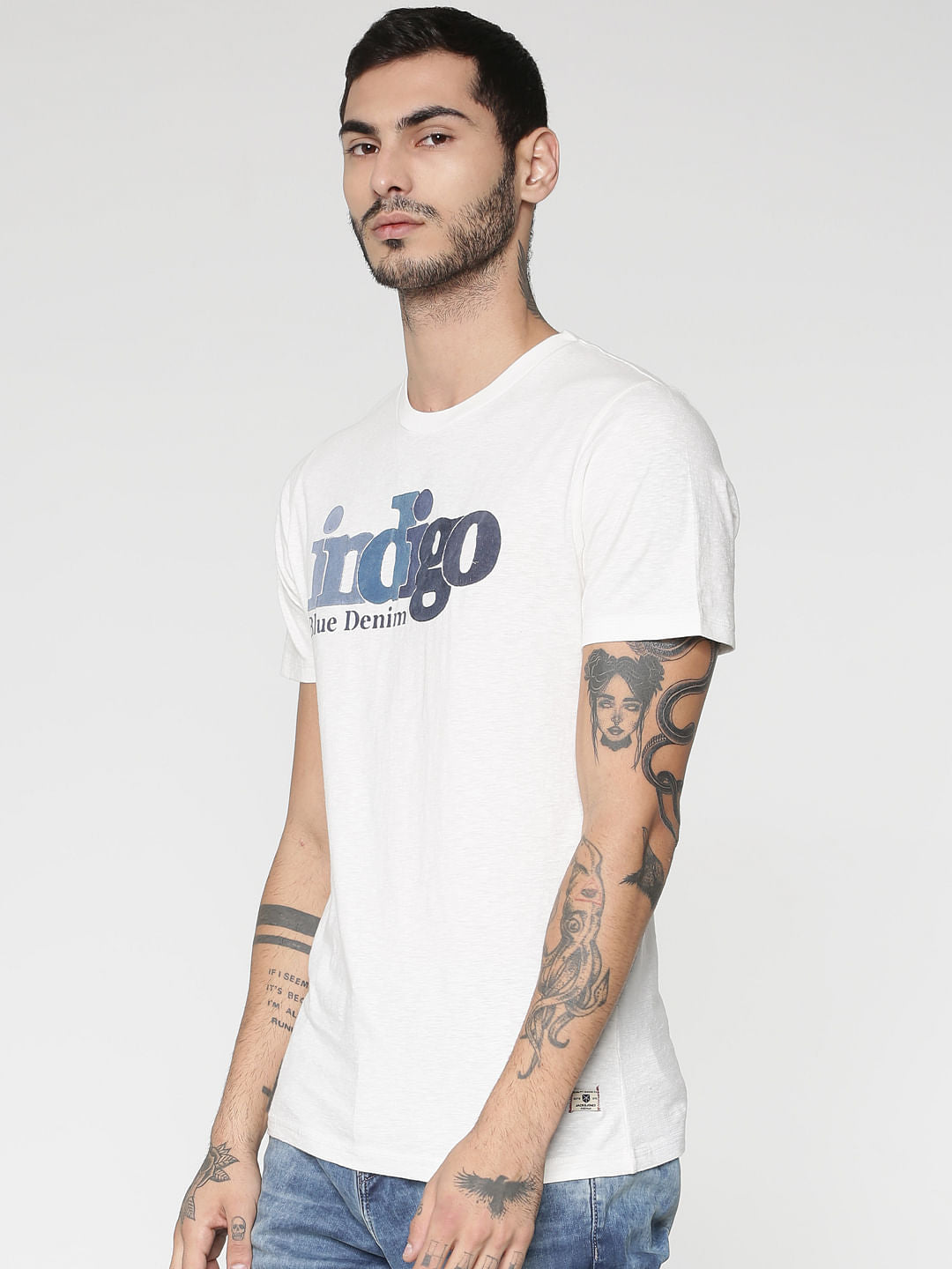 White Text Print Crew Neck T-Shirt