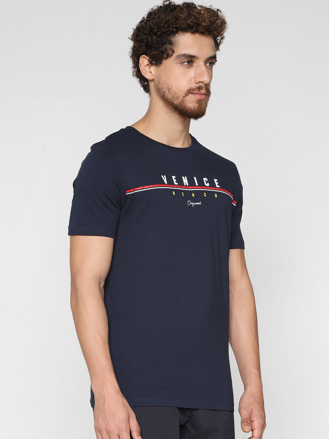 Navy Blue Text Print Crew Neck T-Shirt