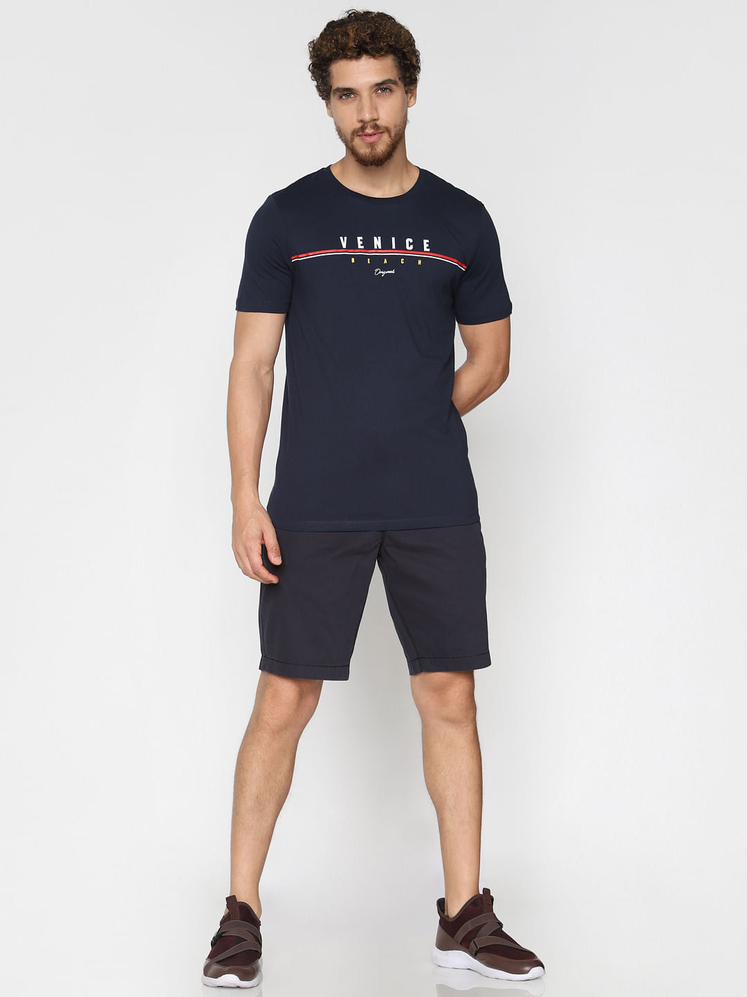 Navy Blue Text Print Crew Neck T-Shirt