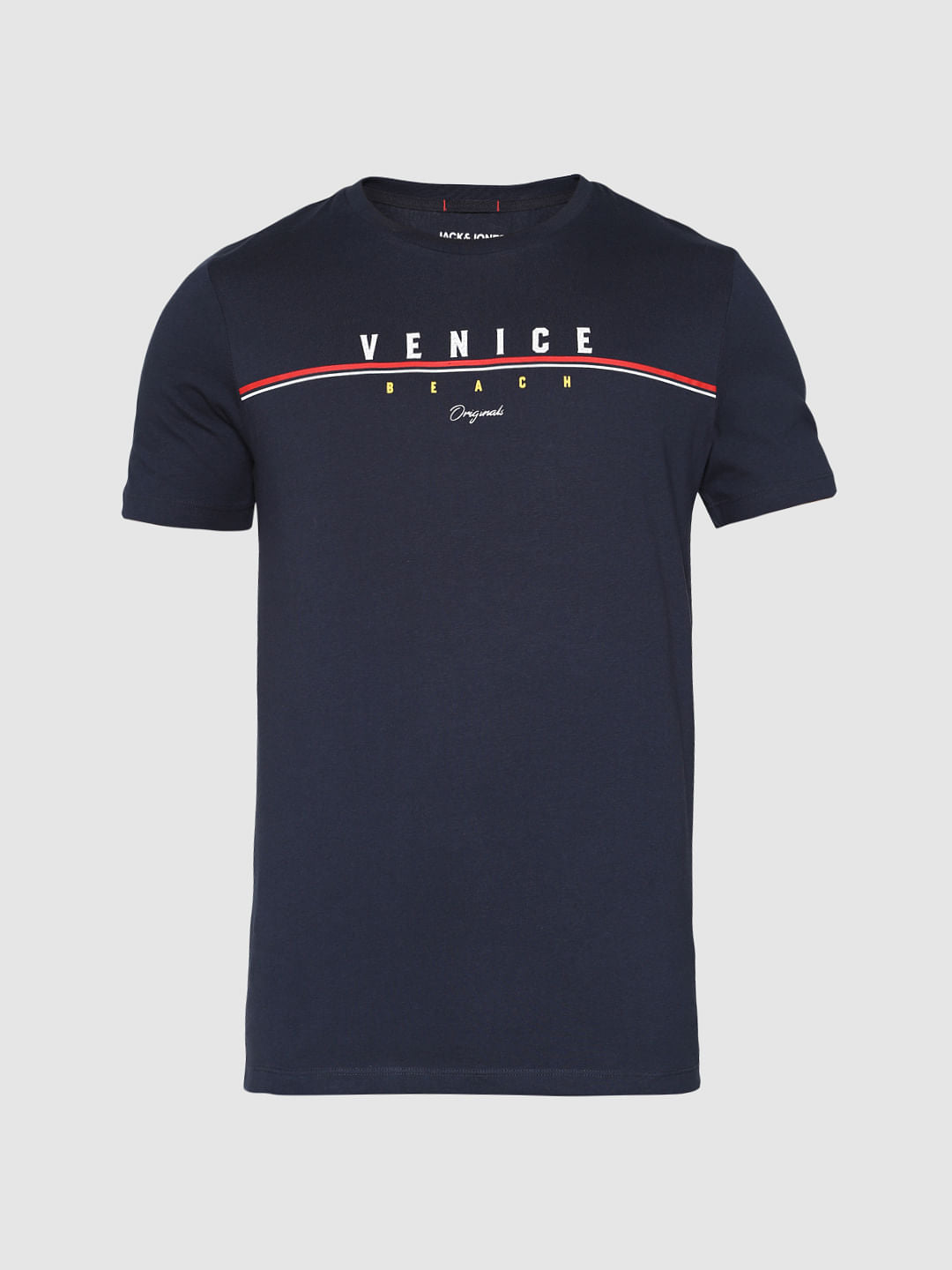 Navy Blue Text Print Crew Neck T-Shirt