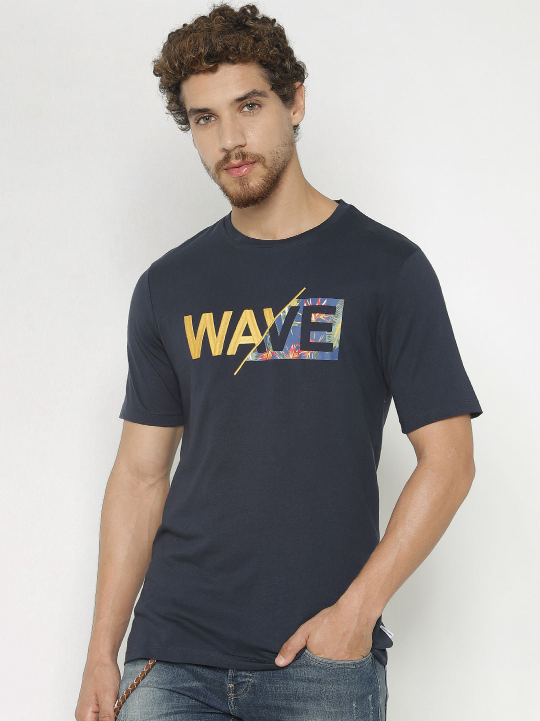 Navy Blue Text Print Crew Neck T-Shirt