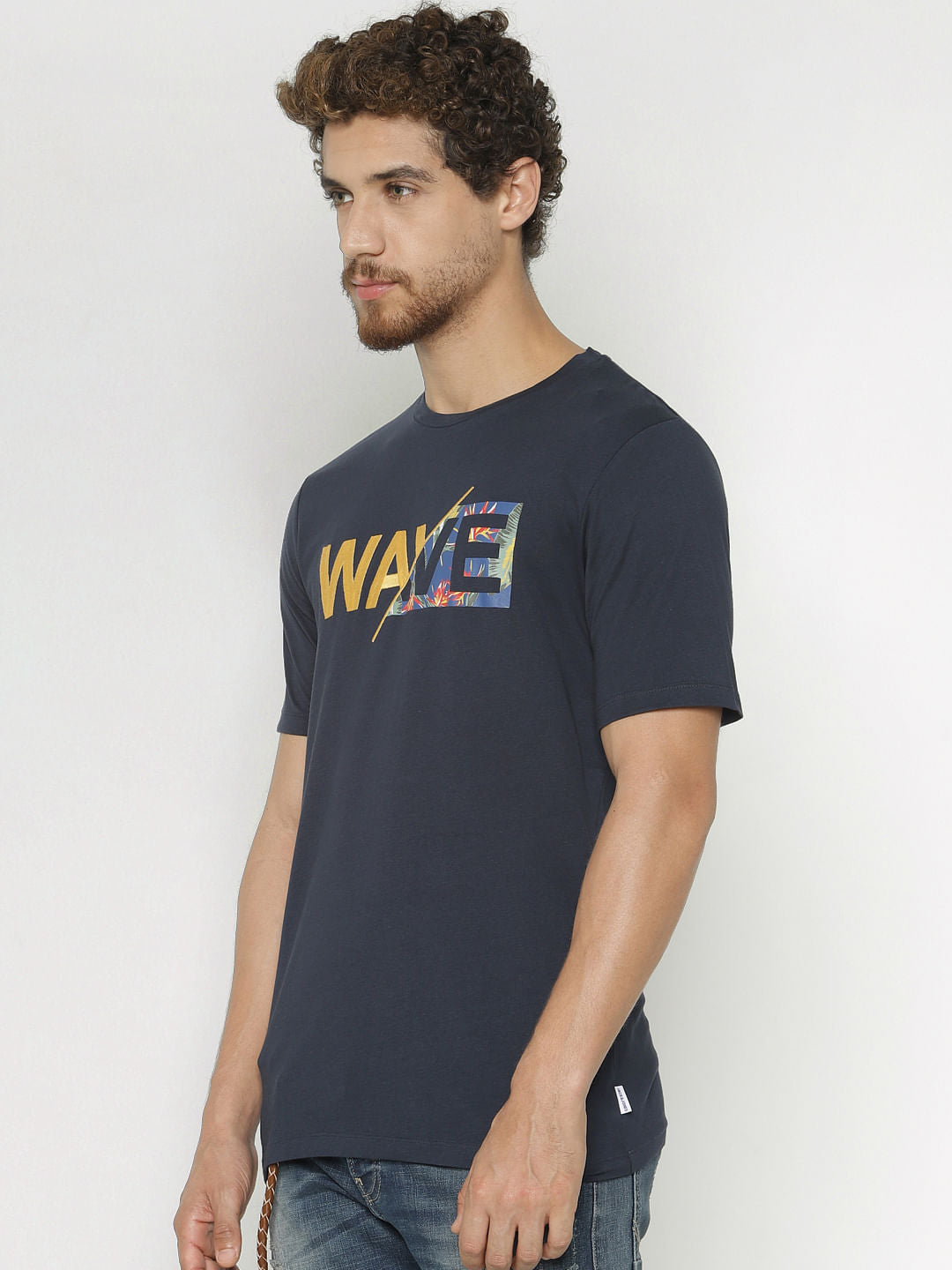 Navy Blue Text Print Crew Neck T-Shirt