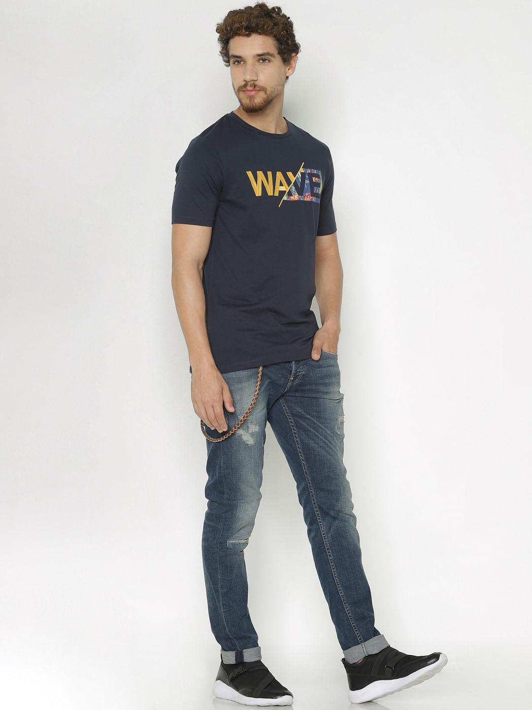 Navy Blue Text Print Crew Neck T-Shirt