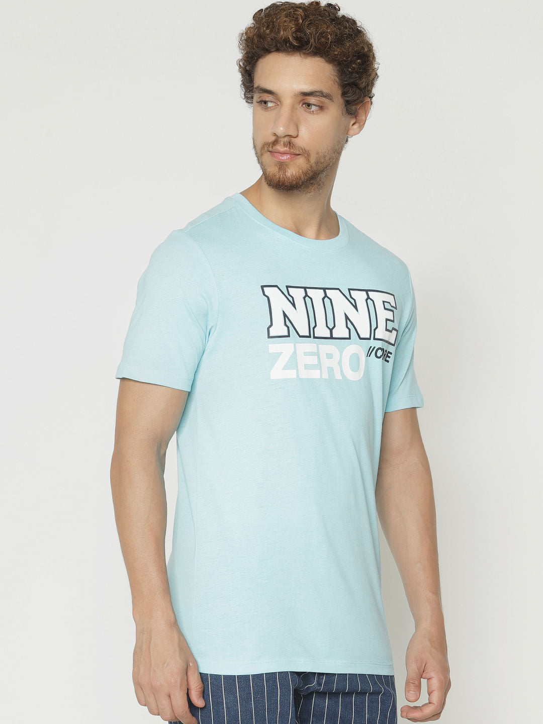 Blue Text Print Crew Neck T-Shirt