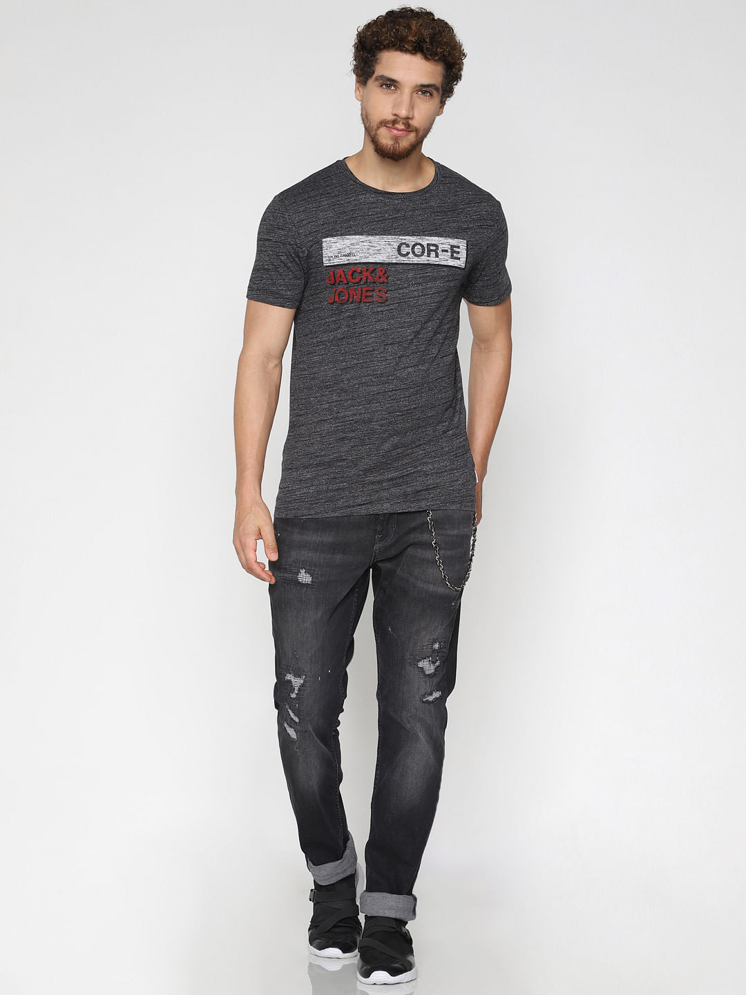 Dark Grey Logo Print Crew Neck T-Shirt