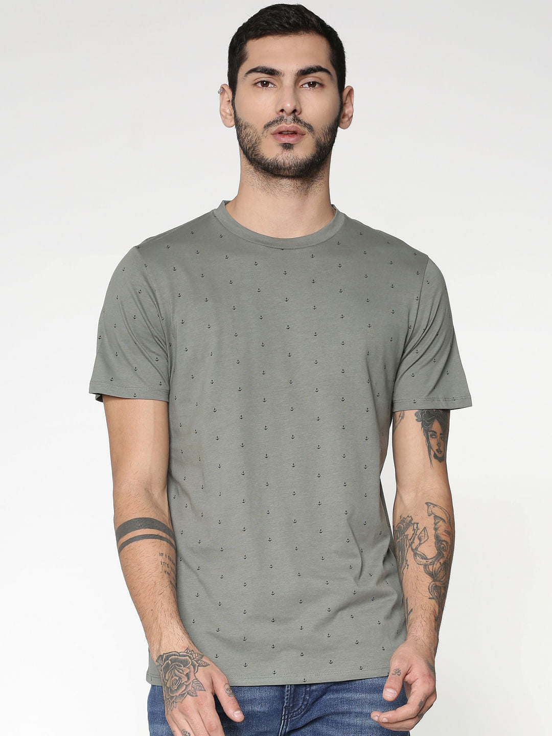 Grey All Over Print Crew Neck T-Shirt