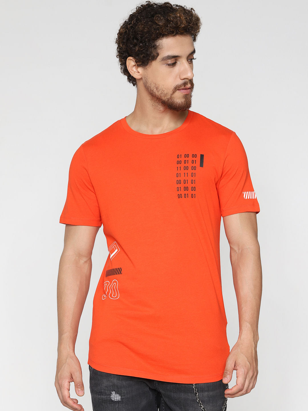 Orange Printed Crew Neck T-Shirt