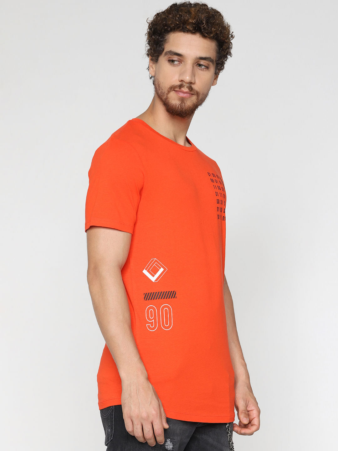 Orange Printed Crew Neck T-Shirt