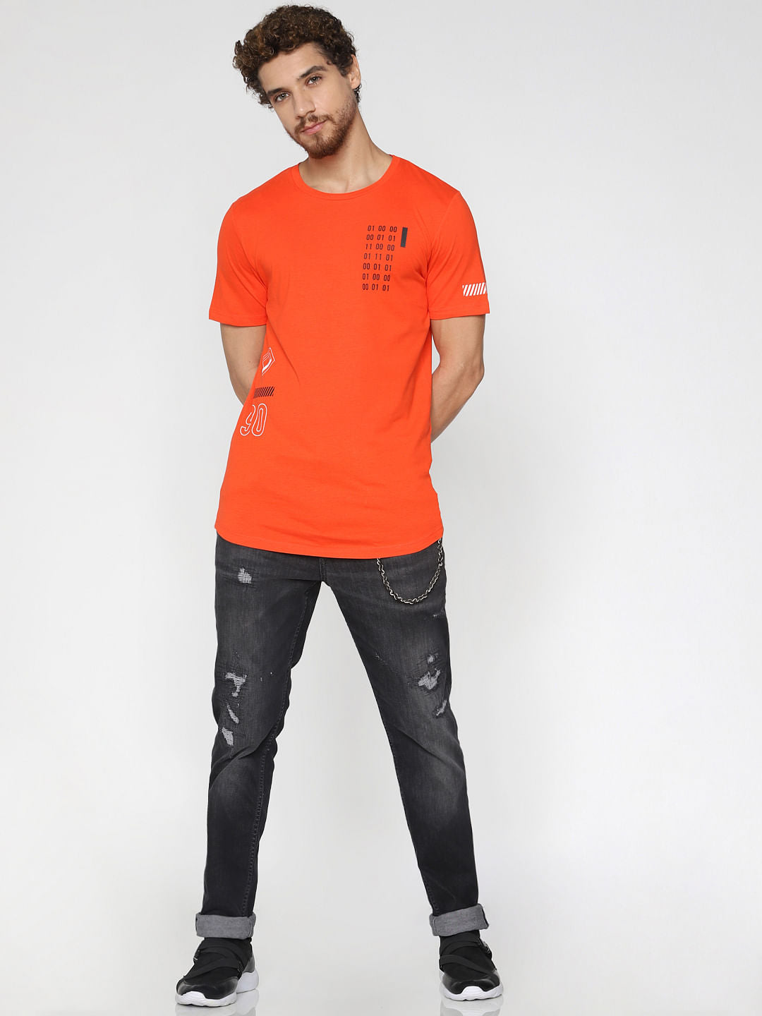 Orange Printed Crew Neck T-Shirt