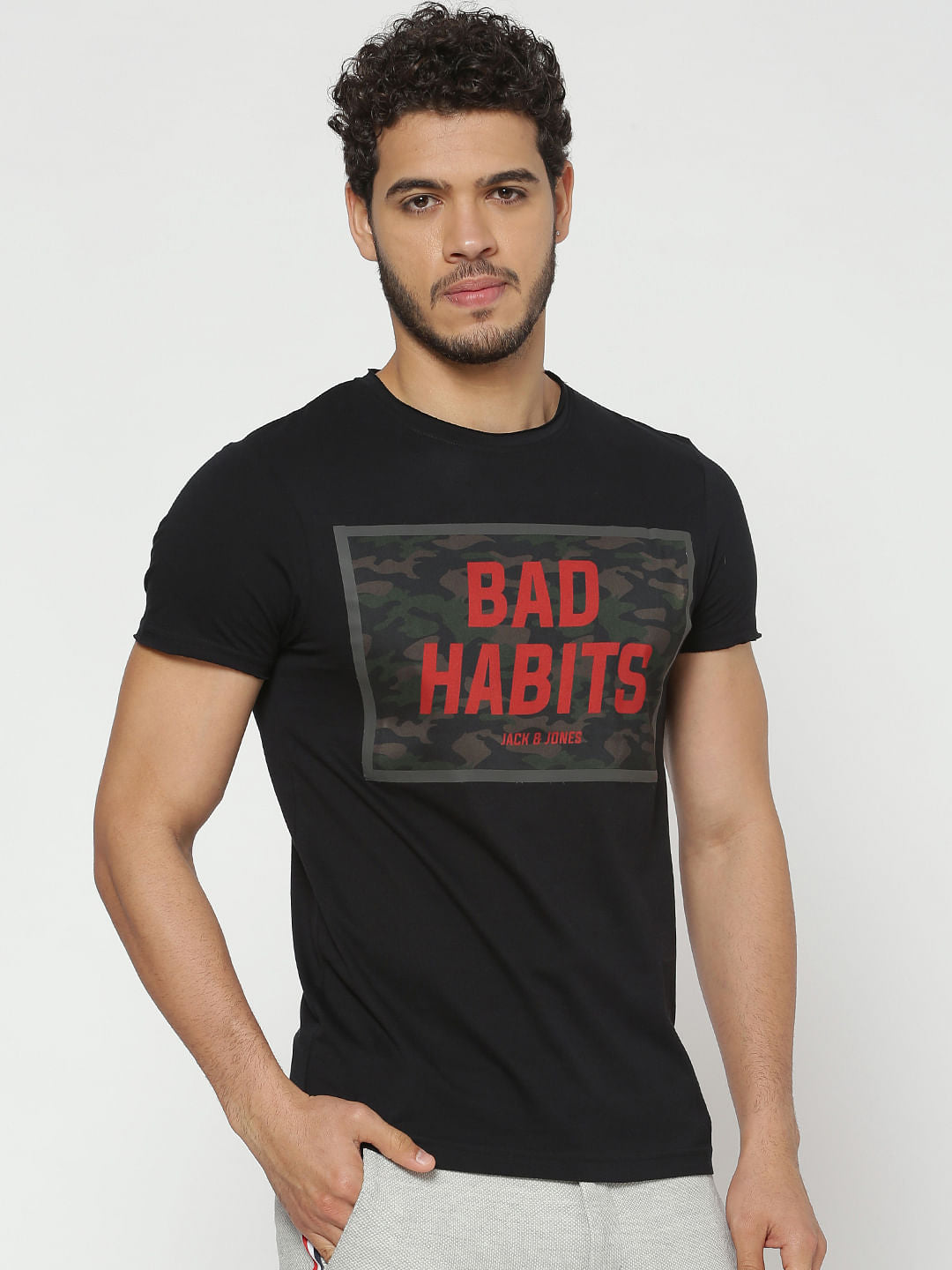 Black Text Print Slim Fit Crew Neck T-Shirt