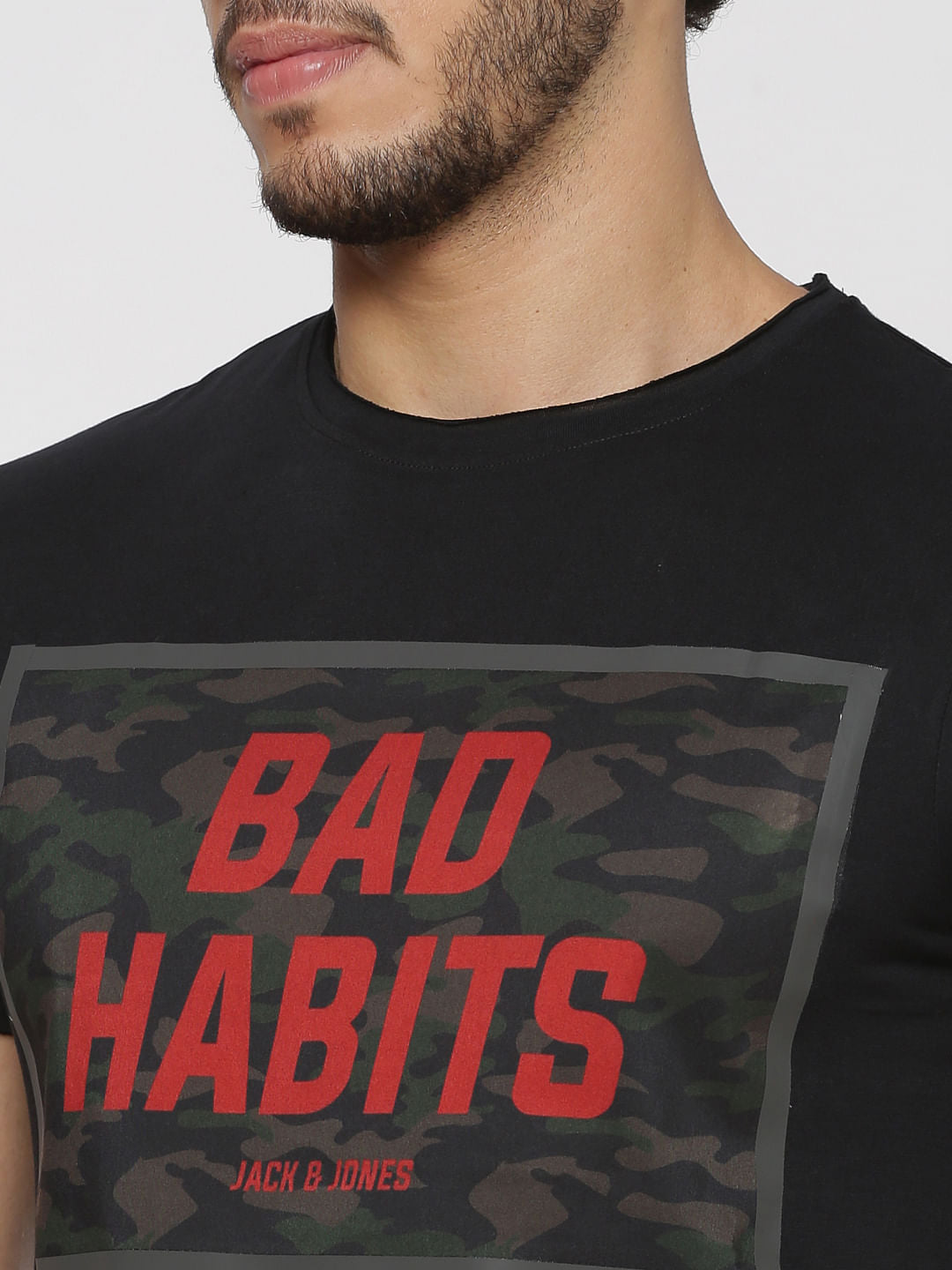 Black Text Print Slim Fit Crew Neck T-Shirt